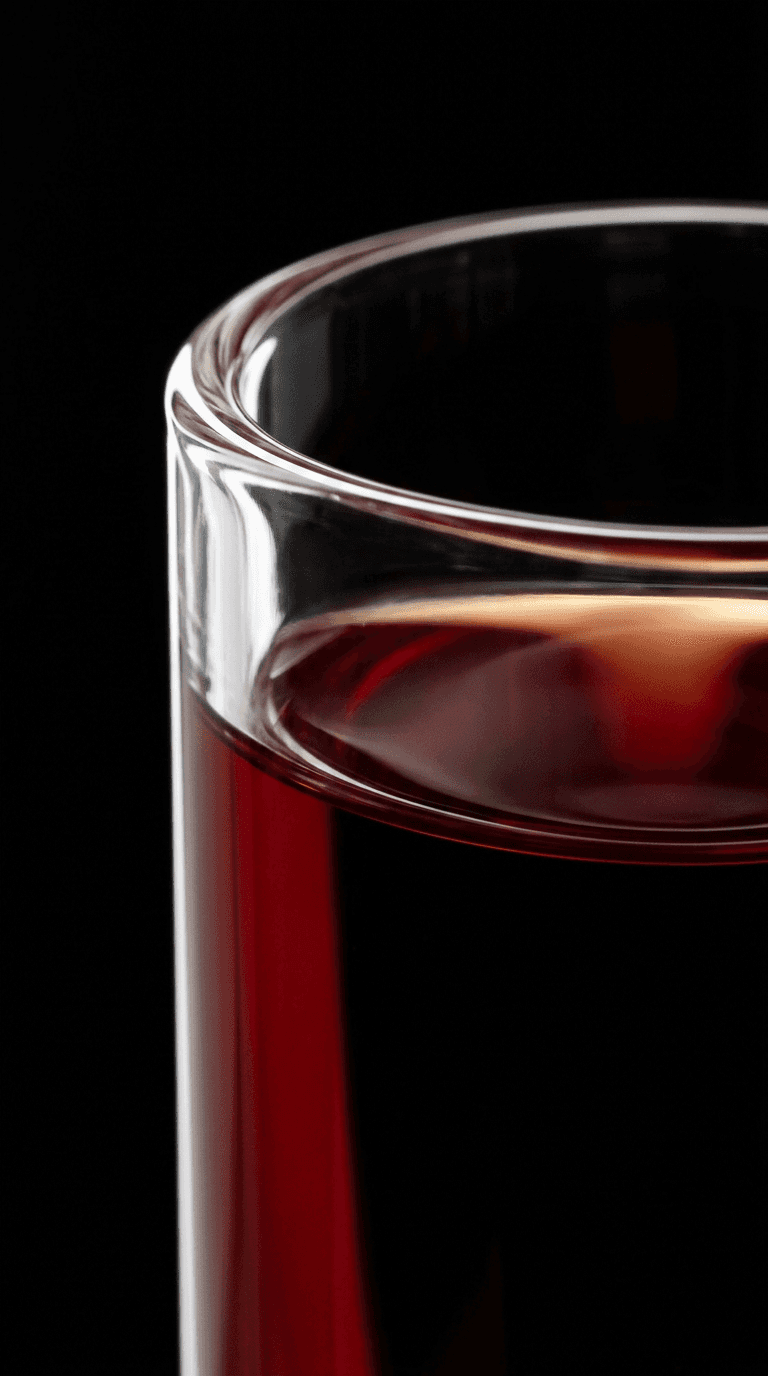 Primer plano del borde de un vidrio grueso con líquido rojo rubí y su menisco.