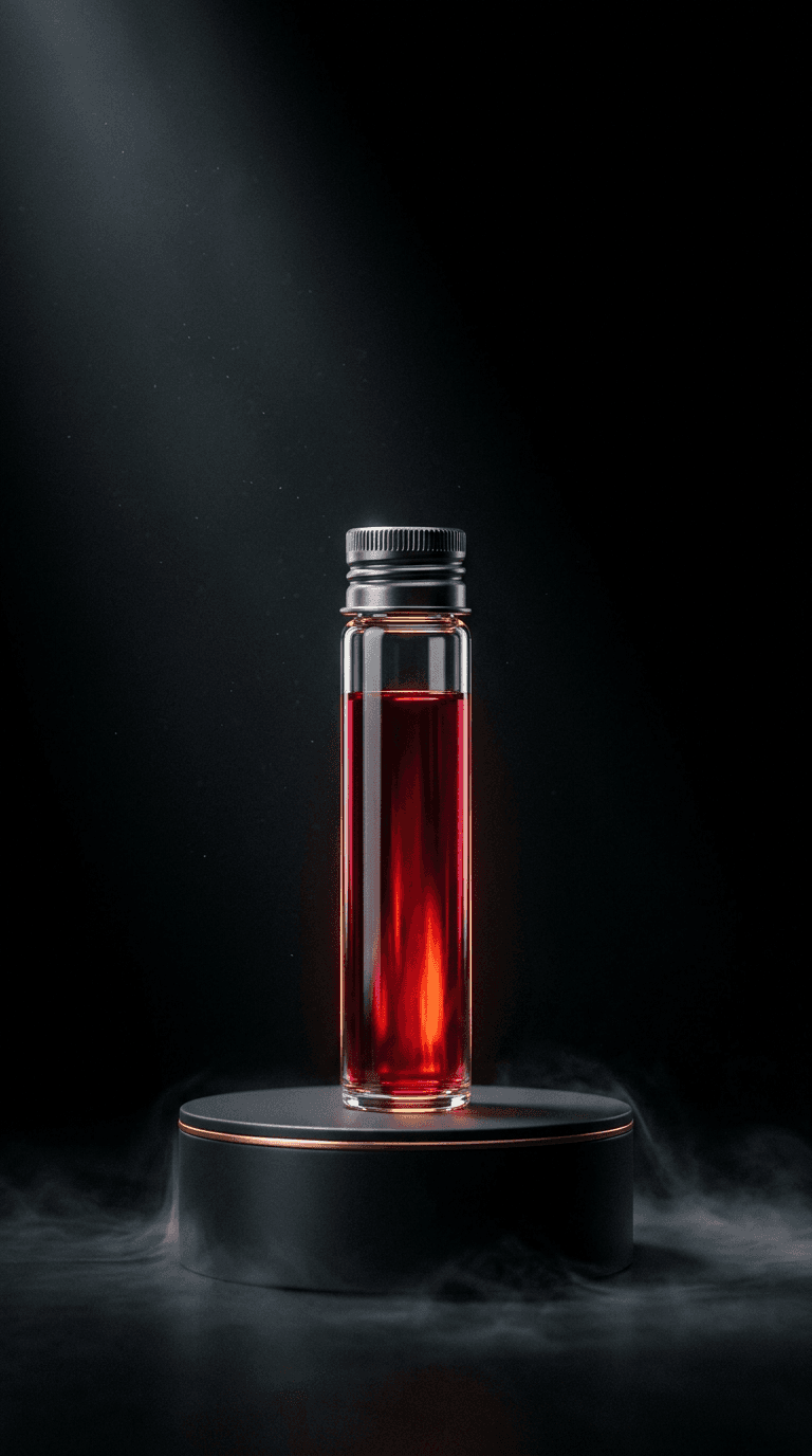 Frasco de vidrio con líquido rojo rubí sobre un pedestal oscuro, rodeado de una tenue bruma en la base.