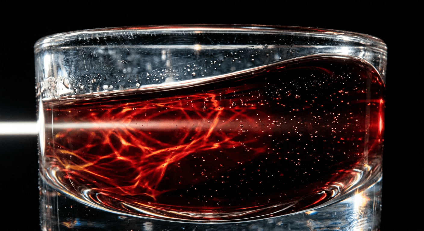 Macrofotografía de un haz de luz atravesando líquido rojo rubí dentro de vidrio.