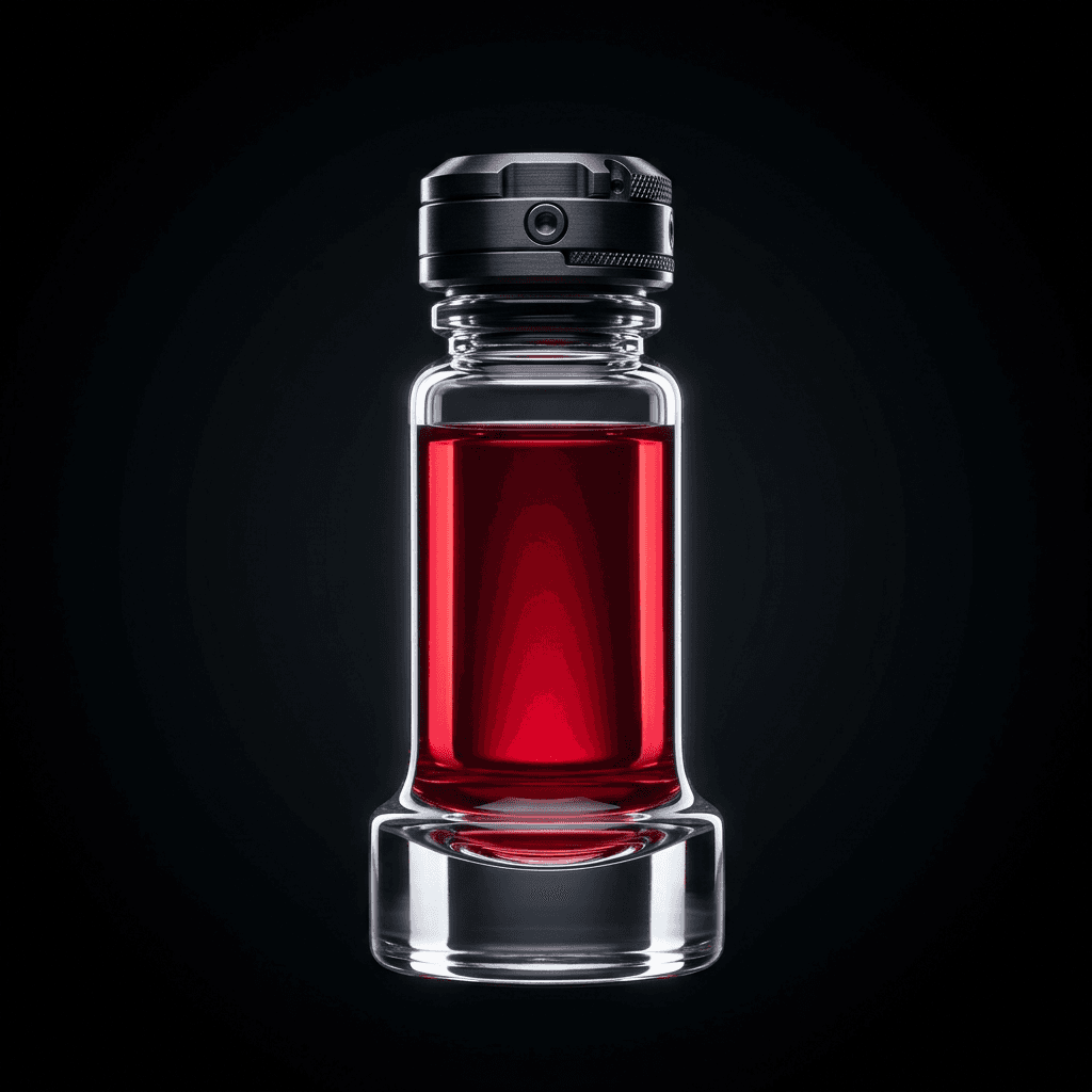 Frasco de vidrio con tapa metálica de precisión y contenido rojo rubí, fotografiado de frente sobre fondo negro.